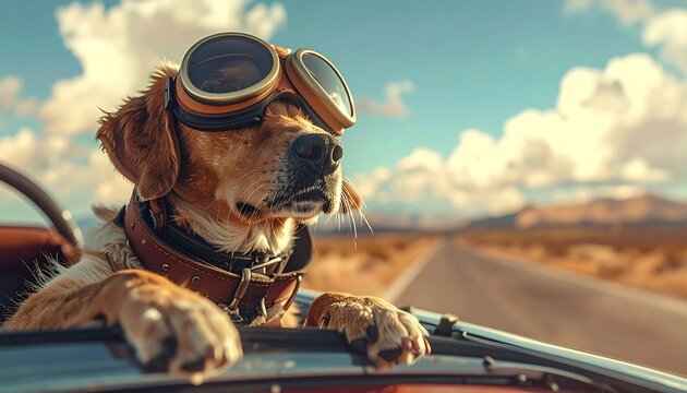 Fototapeta Dog in vintage car, enjoying a road trip
