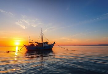 Sunrise over calm sea, fishing boat at anchor, nets drying, rural, cord
