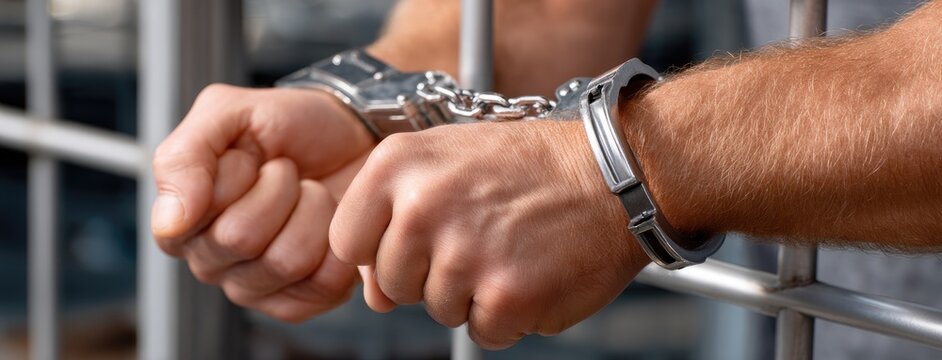 Hands in handcuffs gripping a prison cell bar conveying a sense of confinement and entrapment, highlighting the reality of incarceration
