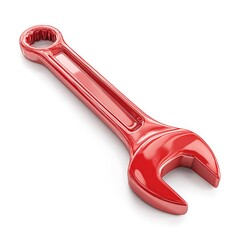 A bright red metal combination wrench tool lying diagonally on a clean white background isolated on white background