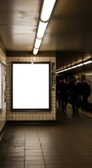 Empty Illuminated Subway Poster with Blurred Figures Urban Underground Scene.