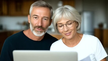Elderly couple managing home finances together at the kitchen table, laptop open with documents and bills, focused expressions, cozy modern home interior with - Powered by Adobe
