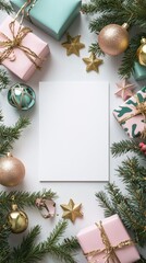 Christmas Flat Lay with Blank White Card, Pastel Gift Boxes, Gold Ornaments, and Evergreen Branches on White Background