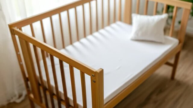 Wooden baby crib with white bedding and pillow minimalist nursery interior