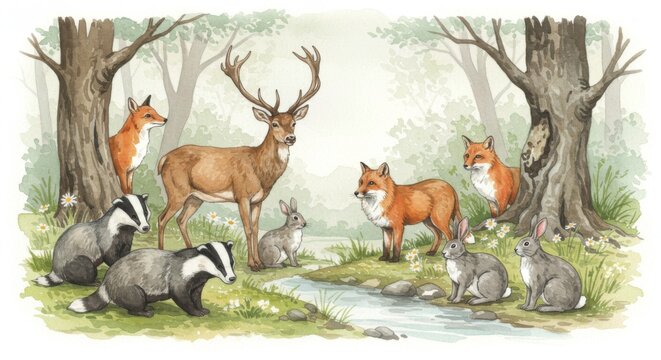 Watercolor woodland scene featuring deer foxes badgers and rabbits in a serene forest setting