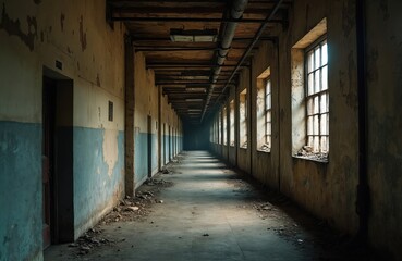 Old industrial corridor with peeling paint and debris on floor. Sunlight enters through windows lighting the decay. Ruined abandoned building interior with grunge texture, dirt and darkness.