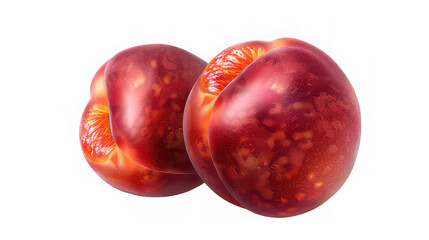 Close up shot showing two ripe nectarines with reddish skin against a black background studio shot