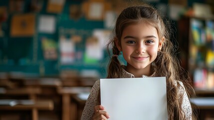 Smiling Elementary School Girl Holding Blank White Paper in Classroom, Showing Achievement, Education Concept, Back to School, Copy Space