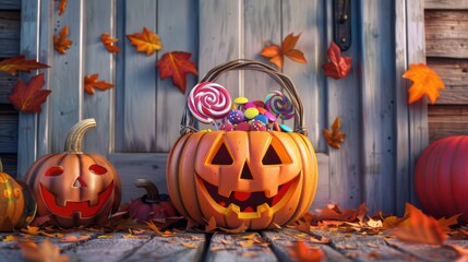 Pumpkin Basket Full of Halloween Candies on Autumn Doorstep – Spooky Festive Stock Photo