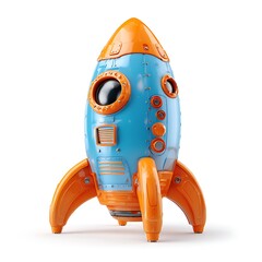 A colorful toy rocket ship with orange fins and a pointed orange top isolated on white background