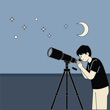 Flat style illustration of a young man observing the night sky with a telescope, stars and moon visible, perfect for science, astronomy, hobby, and education themes.