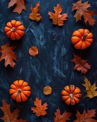 Minimal Halloween Background with Pumpkins and Autumn Leaves on Dark Texture