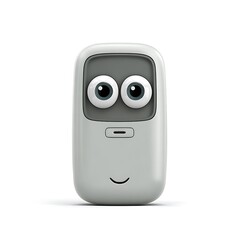 A small white cartoonish robot with large googly eyes and a smiling face isolated on white background