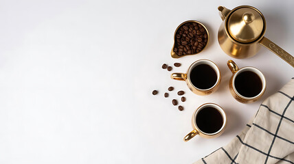 Arabic Coffee Mugs and Pot Flat Lay Design on White Background