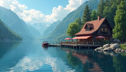 Naklejka premium Rustic wooden lodge and restaurant sits by calm blue lake. Red boat is moored at wooden pier near forested mountains. Outdoor seating with red umbrellas.