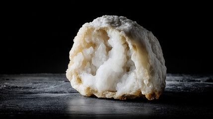 density. Macro view of a rough geode core in a polished shell on dark slate, dramatic side lighting. STEM education sheets.