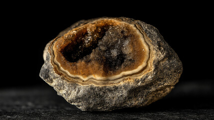 density. Macro view of a rough geode core in a polished shell on dark slate, dramatic side lighting. STEM education sheets.