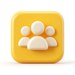 A 3d yellow square icon with rounded corners featuring three white stylized people figures isolated on white background