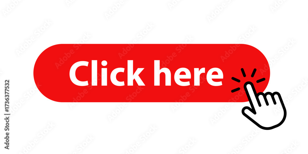 Wall mural red click here button with hand cursor icon