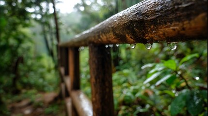 Detailed  photography captures glistening water droplets clinging to a weathered wooden handrail, surrounded by lush green foliage and a blurred background, showcasing nature's beauty in the serene...
