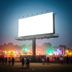 Blank Billboard Mockup Illuminating a Vibrant Night Festival Crowd.