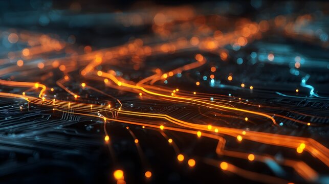 Glowing orange and blue light trails illuminate a complex circuit board, creating a blurred, abstract image of technological data flow and communication networks with bokeh effects.