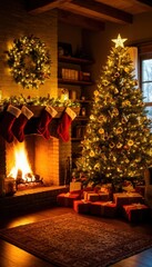Fototapeta premium Cozy Christmas living room with glowing tree, fireplace and stockings, wrapped gifts, and warm golden light. Perfect for holiday branding, décor campaigns, and World Peace Day visuals.