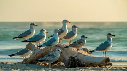 Seagulls sitting on driftwood at sandy beach near ocean waves in wildlife nature scene