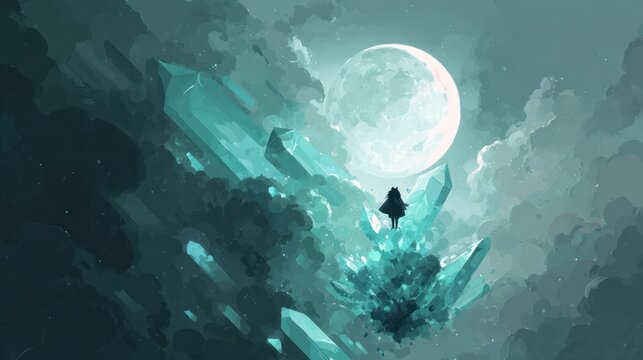 Silhouette figure on crystal formation against full moon in fantasy artwork