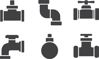 Collection of six different plumbing faucet and pipe icons in dark gray silhouette