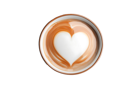 A minimalist overhead shot of a heart latte art in a white cup, isolated on bright white with clipping path, capturing the smooth foam texture and soft gradient in the coffee
