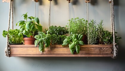 diy rope hung herb garden suspended wooden trays filled with lush green plants