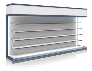 Retail gondola display rack with light blue edges and topper. 3d illustration transparent background