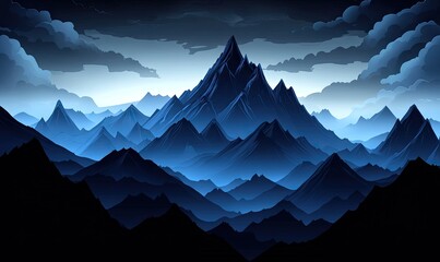 A digital artwork of a rugged mountain range with jagged peaks under a dramatic sky filled with dark clouds