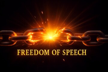 Broken chain with freedom of speech text on dark background concept