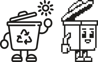 Two cartoon trash cans with faces and arms one with a recycling symbol and sun