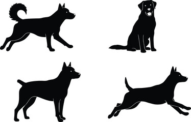 Dog silhouette vector set, jumping dog, sitting dog, standing dog, pet posture icons, black animal shapes, canine motion illustration, stock graphic