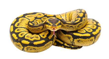 Fototapeta premium Isolated ball python snake coiled up, reptilian pet with yellow and black pattern skin