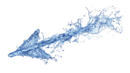 Arrow made of water splash with blue liquid stream showing dynamic motion direction symbol detail isolated on white background