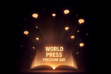 Illuminated book with world press freedom day text and speech bubbles