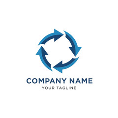 Fototapeta premium A circular logo featuring four blue arrows pointing inwards, forming a continuous loop, with placeholder text for company name and tagline below.