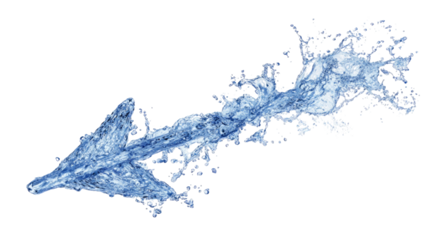 Arrow made of water splash with blue liquid stream showing dynamic motion direction symbol detail isolated on white background