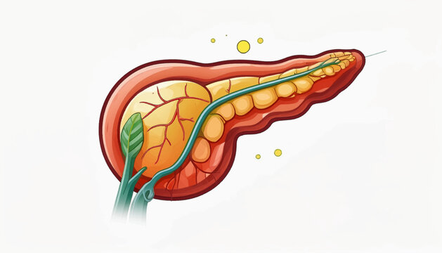 Illustration of a human pancreas showing the organ's structure, ducts, and surrounding tissues, set against a plain white background.