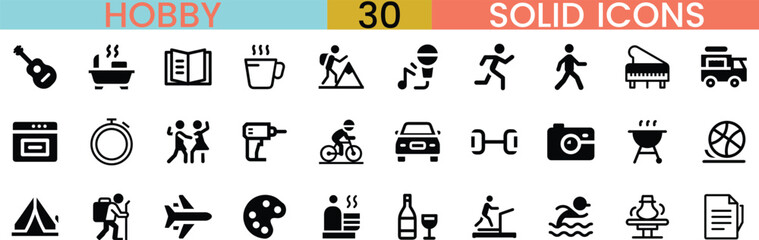 Collection of 30 hobby and leisure solid icons representing diverse activities vector