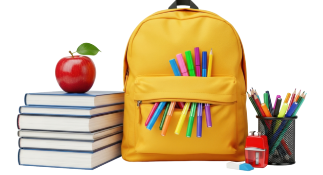 Isolated back to school student accessories including backpack, books, markers, apple