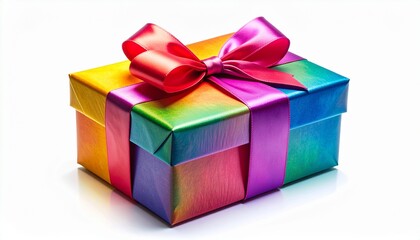 Obraz premium Colorful Wrapped Gift Box with Shiny Ribbon on White Background, Professional Realistic HD Stock Photo