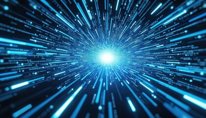 Fototapeta premium Abstract digital illustration depicts data flow in cyberspace. Visual represents tech, internet, communication, and network. Blue light streams from a central point expanding across black backdrop.