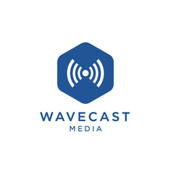 A modern hexagonal logo featuring a stylized broadcast wave symbol in white against a dark blue background, with the text 