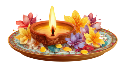 Indian Hindu god puja arti plate with burning lamp showing traditional religious worship ritual offering detail isolated on white background