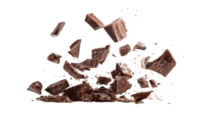 Chocolate broken into pieces with brown sweet candy bar chunks showing tasty dessert food detail isolated on white background
